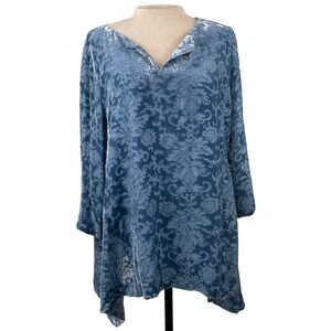Sundance Burnout Velvet Floral Tunic Top Blue Long Sleeve V Neck Asymmetrical L